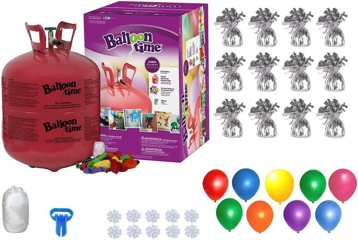 Helium Tank for Balloons At Home 14.9 Cu Ft Helium Tank, 50 Balloons and White Ribbon, 12 Silver Balloon Weights, Balloon Tie Tool and Flower Clips