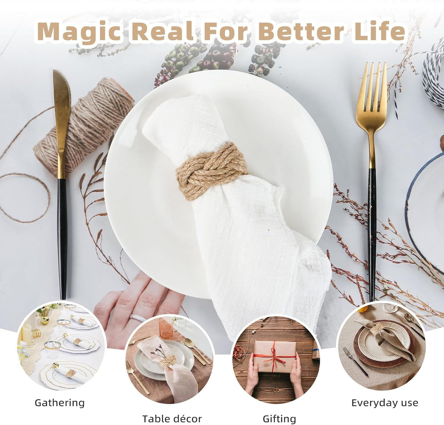 Woven Napkin Rings Set of 48, Mgrlfbl Farmhouse Burlap Napkin Ring for Holiday Dinner Birthday Wedding Thanksgiving Christmas Banquet Party of Table Setting Decorations(Yute 48)