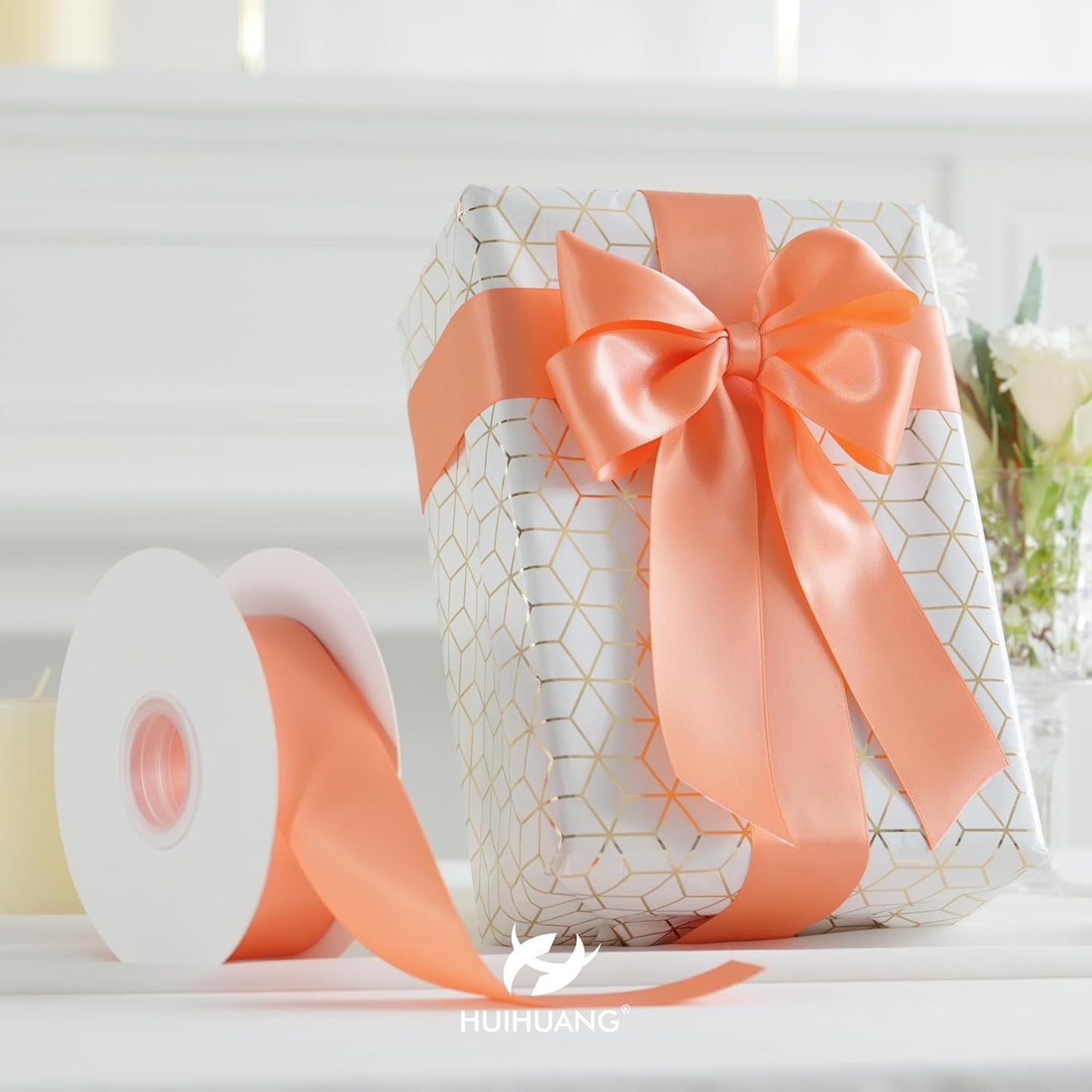 HUIHUANG Peach Satin Ribbon 1-1/2 inch x 50 Yards Peach Color Double-Faced Satin Ribbon for Gift Wrapping, Bows, Flower Bouquet, Eternal Roses, Crafts, Bridal Shower Wedding Decor