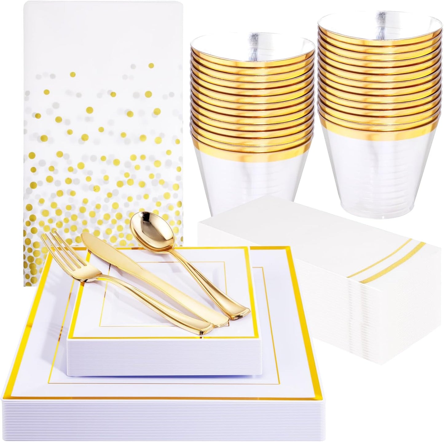 Festiva 176Pcs Gold Plates Disposable - Square Party Plates Dinnerware Sets - include Cups,Plastic Cutlery,Hand Napkins，Tablecloth for 25 Guests Party&Wedding&Christmas&Thanksgiving