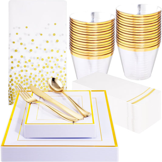 Festiva 176Pcs Gold Plates Disposable - Square Party Plates Dinnerware Sets - include Cups,Plastic Cutlery,Hand Napkins，Tablecloth for 25 Guests Party&Wedding&Christmas&Thanksgiving