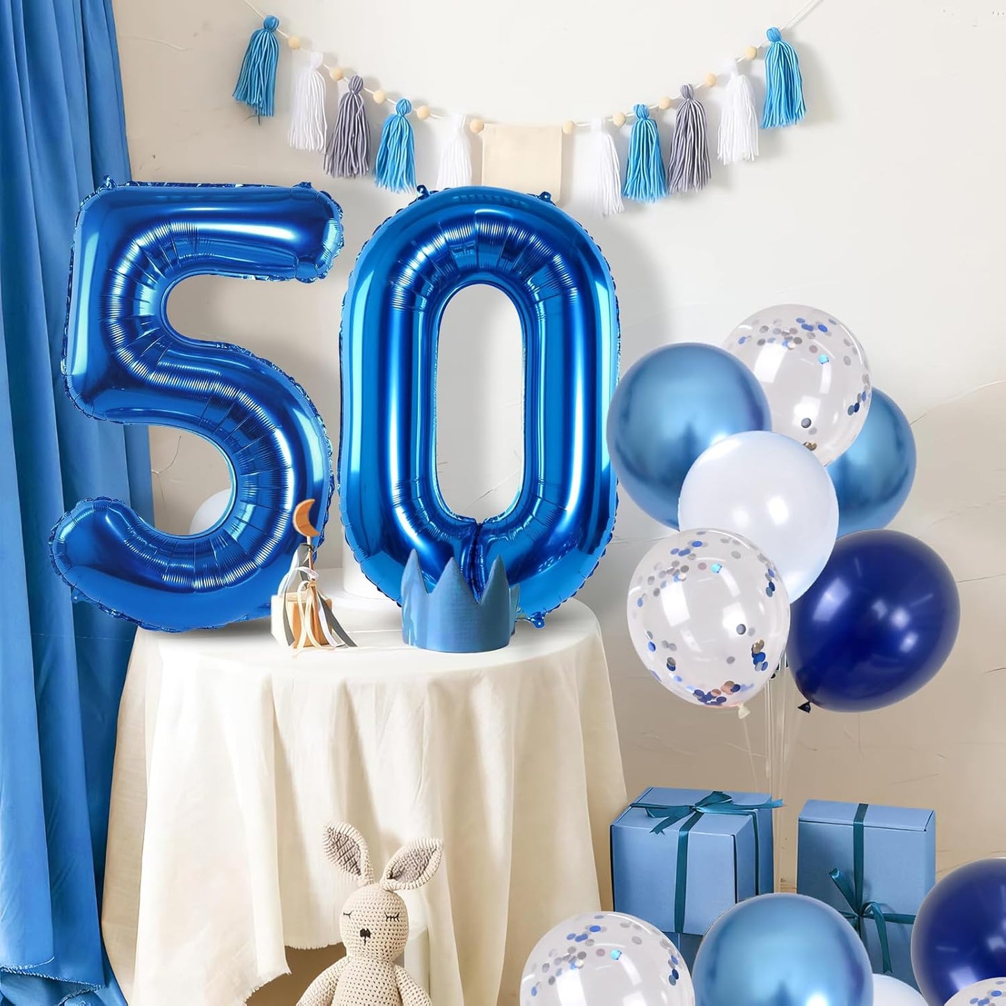 50th Birthday Balloon for Boys, Foil 40 Inch Self Inflating Balloon Number 50 Metallic Dark Blue, Navy Blue 50 Mylar Large Balloon with Silver Confetti Latex Balloon for Men Birthday Party Decorations