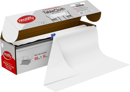 Neatiffy Disposable Plastic Table Cloth Roll | 54 in x 108 Ft Waterproof Tablecloth | Table Cover for Rectangle, Square, Round Oval Tables | Picnic, Party, Banquet, Birthdays, Weddings - White