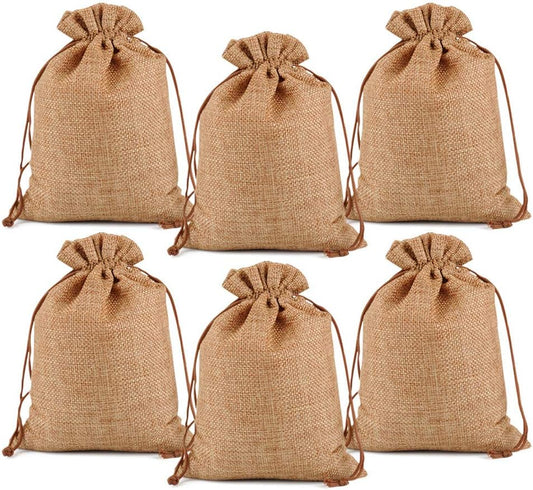 Lucky Monet 25/50/100PCS Burlap Gift Bags Wedding Hessian Jute Bags Linen Jewelry Pouches with Drawstring for Birthday, Party, Wedding Favors, Present, Art and DIY Craft (50Pcs, Coffee, 7” x 9”)