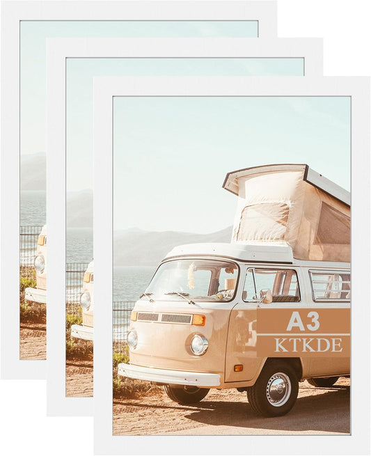 KTKDE A3 Poster Frame White Woodgrain Picture Frame-11.7x16.5in Set of 3- Photo Frame,Certificate Frame with Plexiglass for Wall Mount or Table Top Display