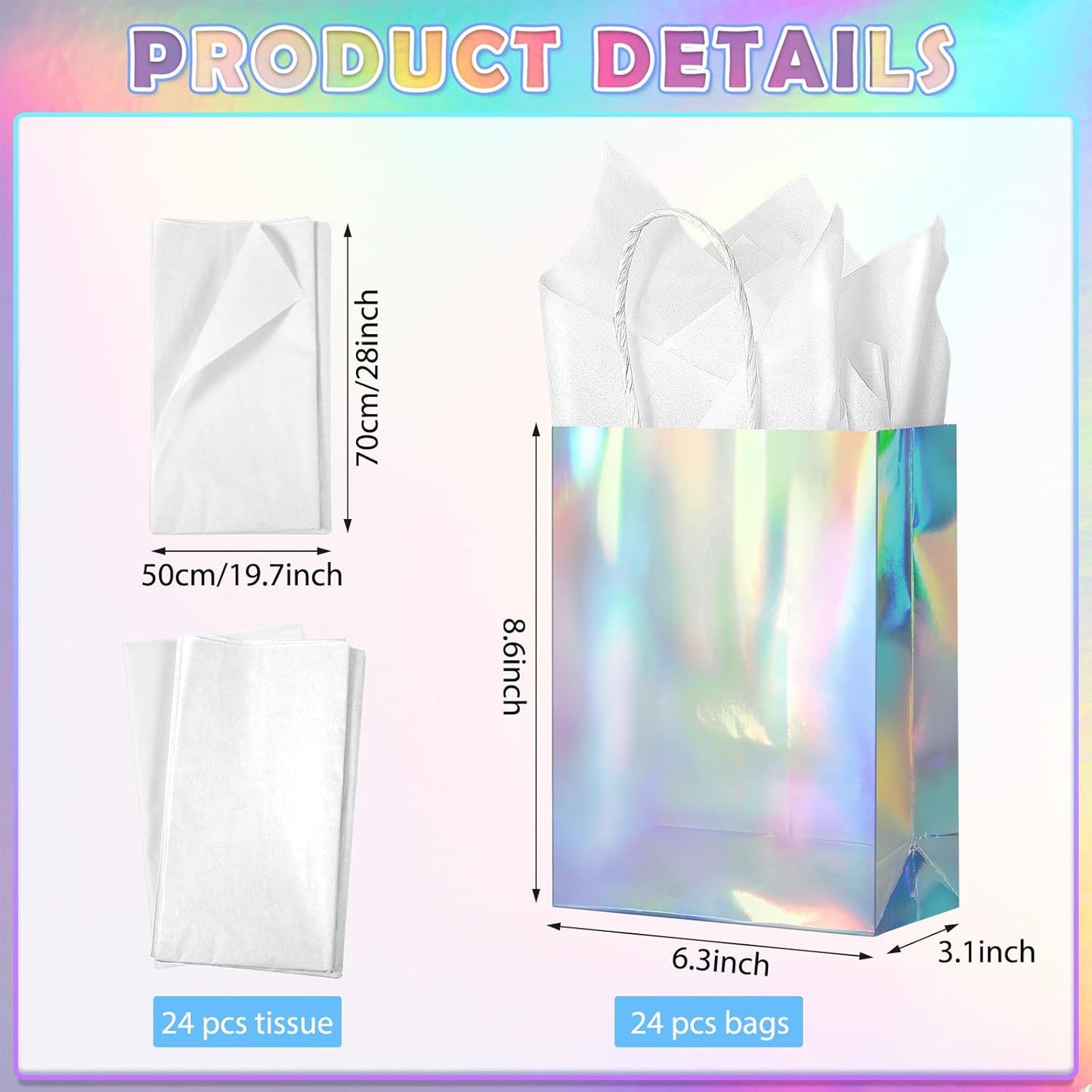 24 Pcs Iridescent Gift Bags Decorations, Holographic Foil Party Favor Bags with Handles, Glitter Paper Candy Goodie Bag with 24 Tissue Paper for Graduation Birthday Baby Shower Party Supplies