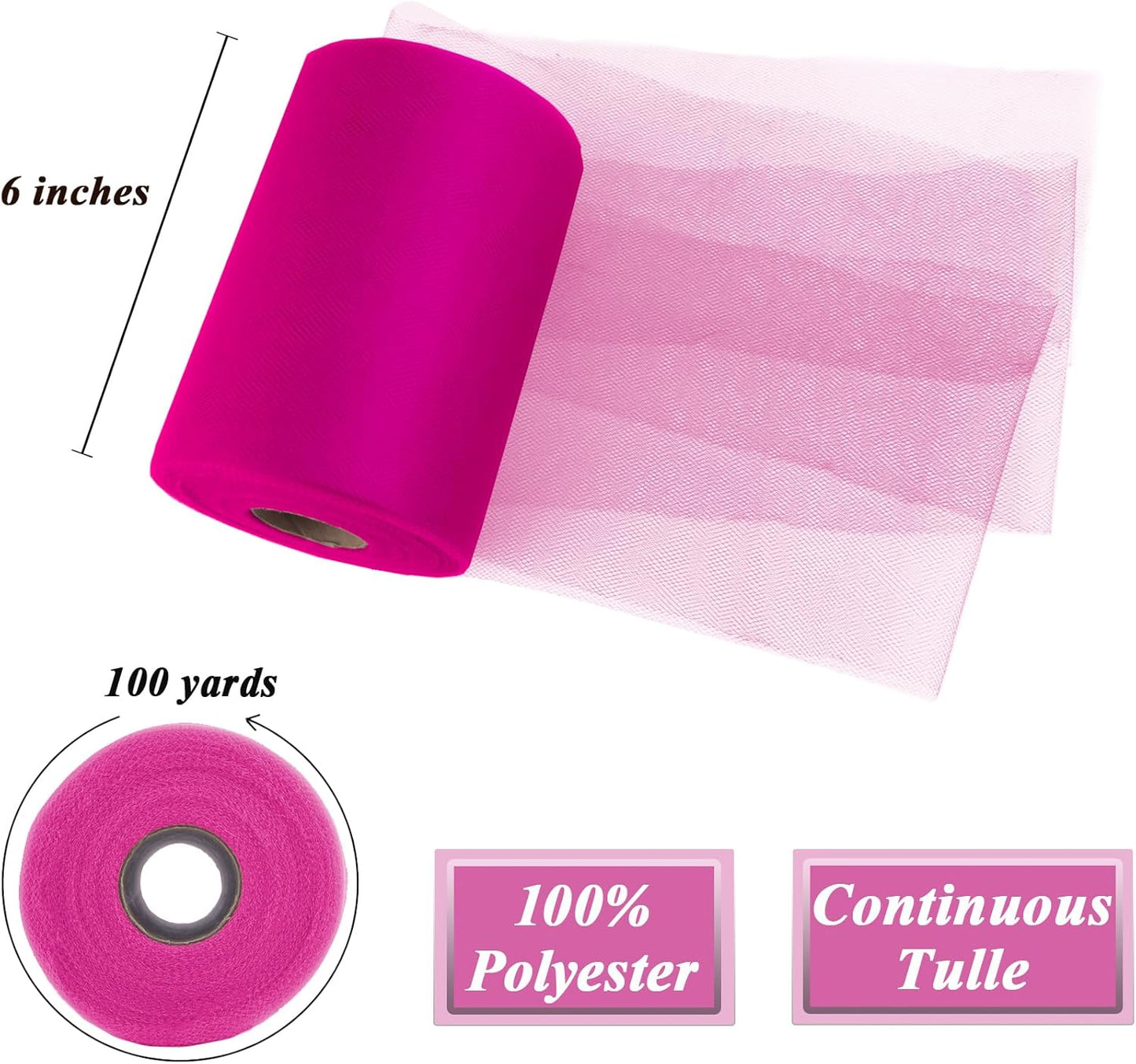 Magenta Tulle Fabric Roll 6”by 100 Yards (300 ft) Soft Tulle Spool for DIY Crafting Favor Supplies, Tutus, Wedding, Party Decorations, Gift Wrapping