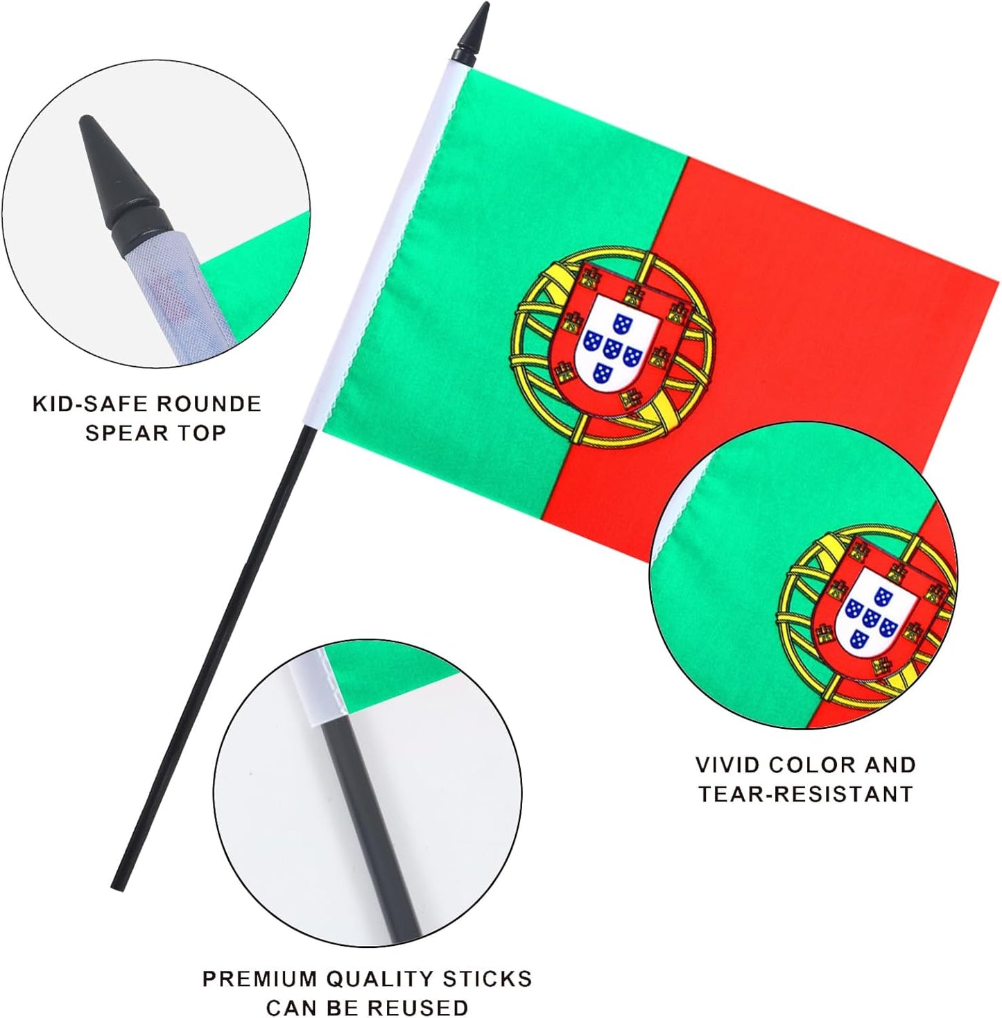 Portugal Desk Flag 12" Solid Pole Deluxe Set Portuguese Flags Banner Mini Small Portugal Office Table Flags with Black Stand Base Desktop Decorations(2Pack)