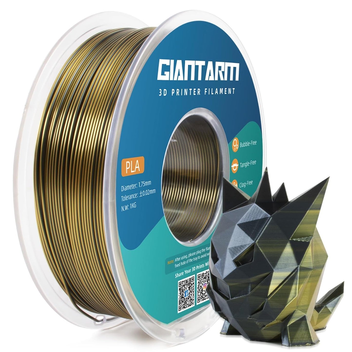 GIANTARM Dual Color PLA Filament, Silk PLA Filament 1.75mm +/-0.02mm,1KG Spool(2.2lbs) Vacuum Packaging, 3D Printing Filaments Fit Most FDM Printer