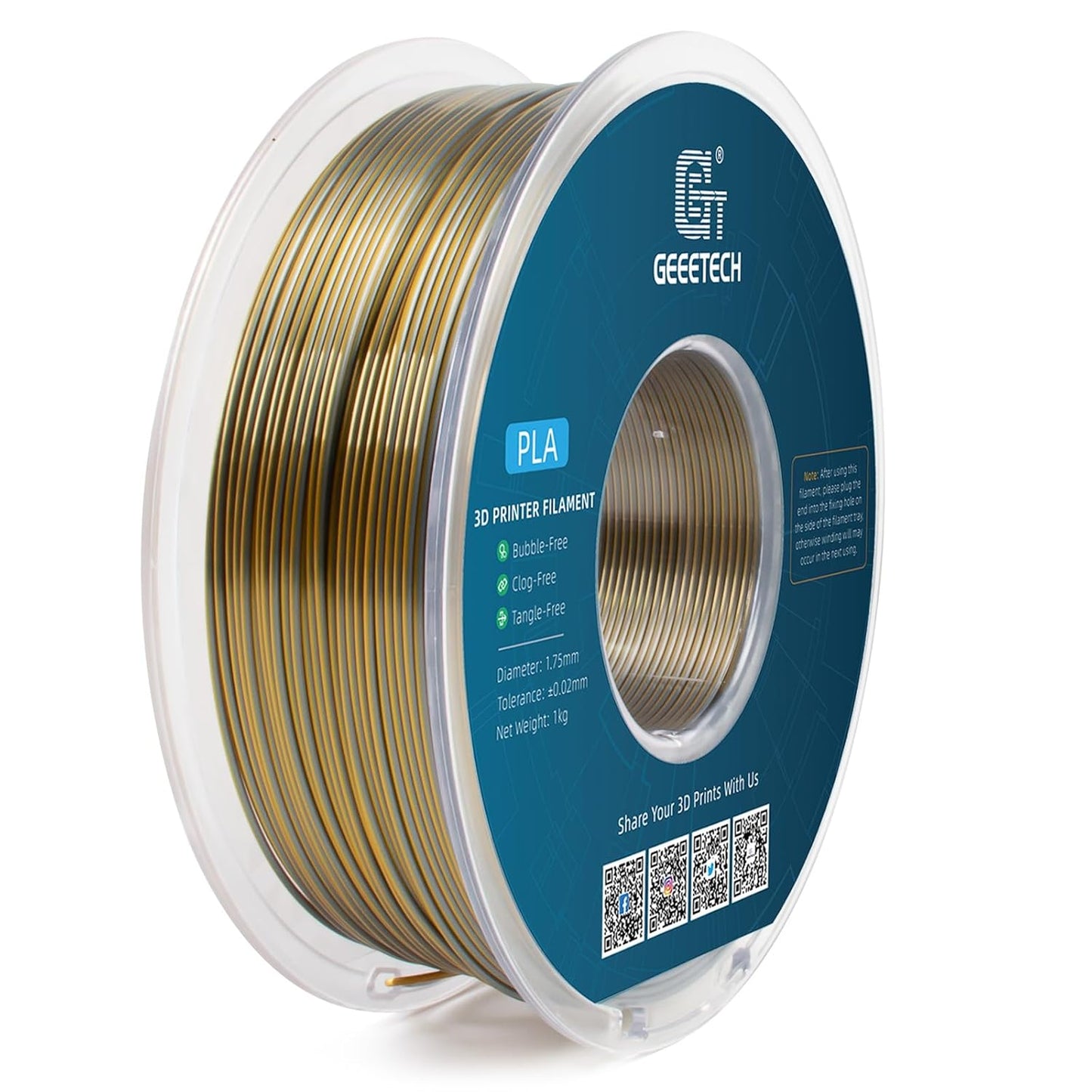 Geeetech Silk PLA Filament 1.75mm Silk Dual Color Filament, Coextrusion Dichromatic Metal-Like Shiny Consumable 1kg (2.2lbs) 1 Spool, Dimensional Accuracy +/- 0.02 mm, Gold Silver