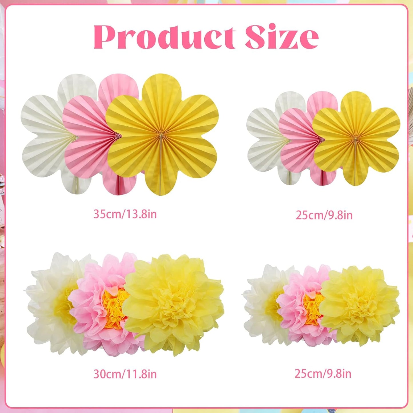 BestoFun 12PCS Paper Flowers Fans Pink Yellow Party Decorations Tissue Paper Flowers Decorations for Girl Groovy Birthday Baby Shower Wedding Bachelorette Room Wall Hanging Décor