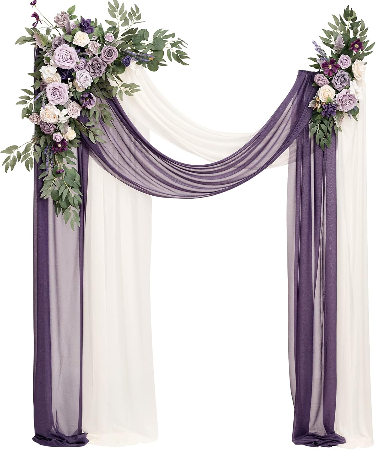 Ling's moment Purple Lilac Artificial Wedding Arch Flowers Kit Pack of 4, 2pcs Hanging Flower Arrangement 2pcs Chiffon Drapes Ceremony Reception Fake Rose Arbor Backdrop Floral Party Outdoor Decor