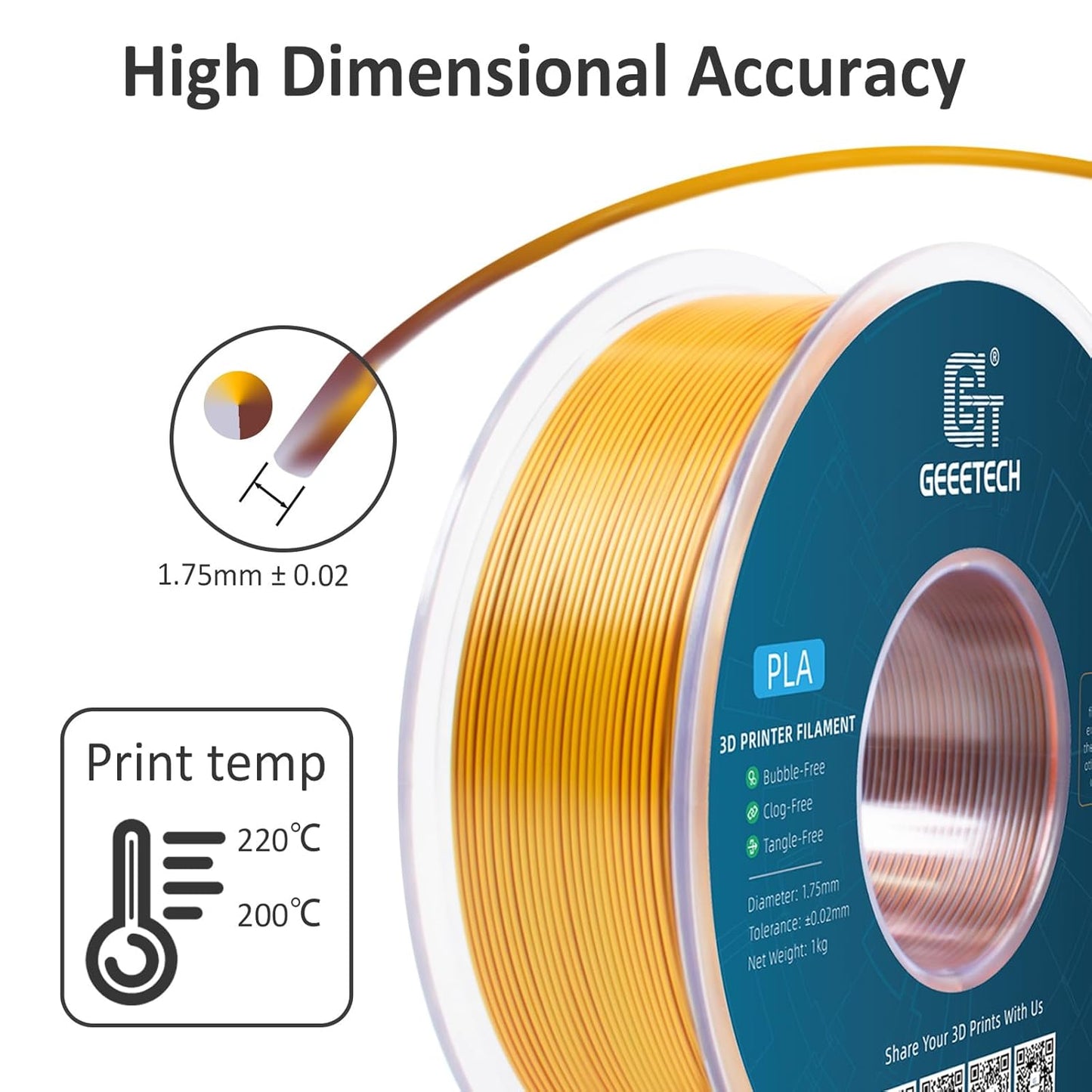 Geeetech 3D Printer Silk PLA Tri-Color Filament, Metal-Like Shiny Silk Filament 1.75mm 1kg (2.2lbs) Spool, Dimensional Accuracy +/- 0.02 mm, Tri-Color Gold Silver Copper