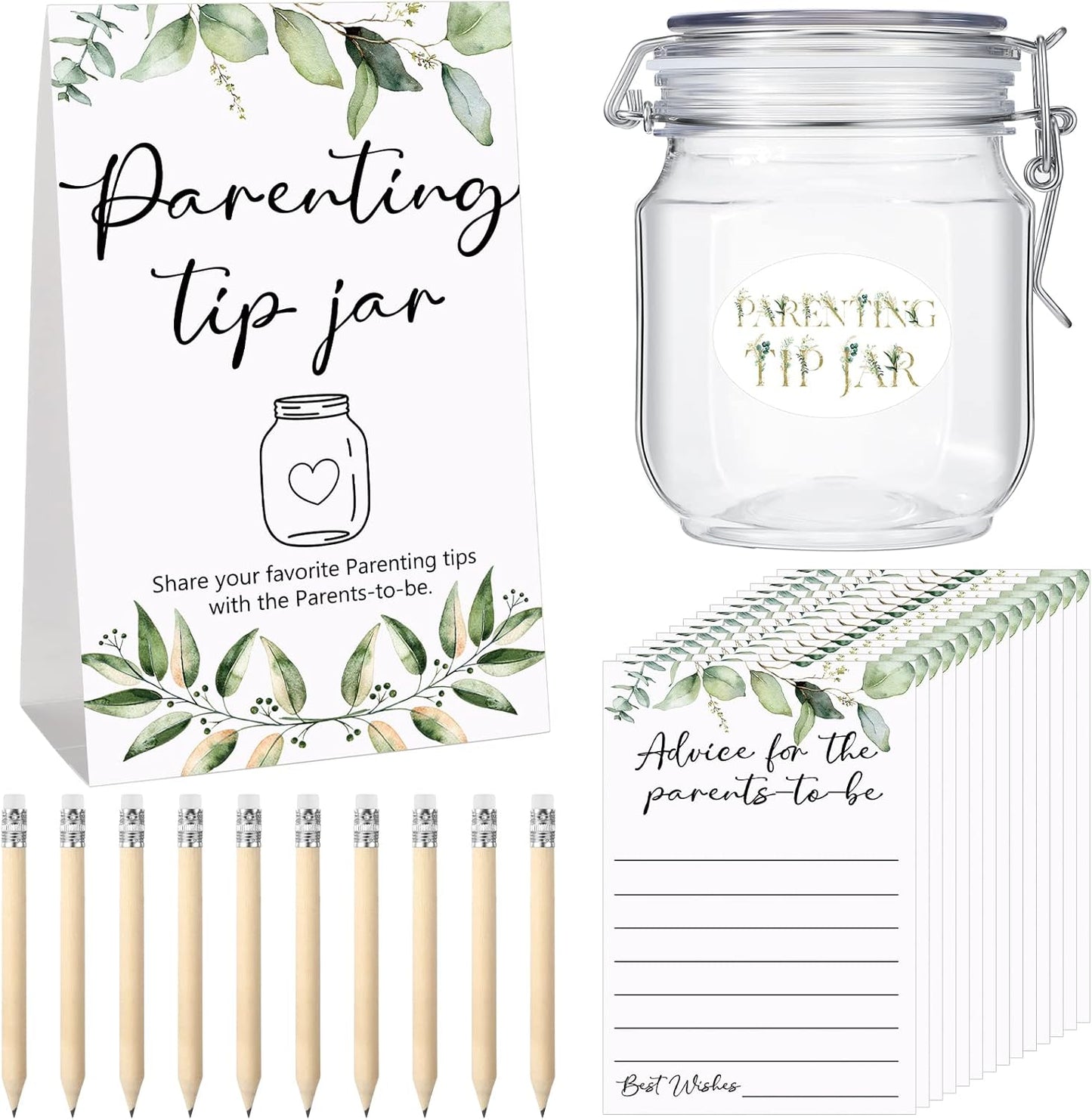 Roowest Baby Shower to Baby Advice Cards for New Parents to Be - Tip Jar Sign for New Parents 60 Parenting Advice Cards 10 HB Pencils 2 Cute Stickers 1 Pet Bottle for Guests Games(Leaf)