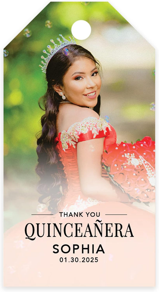 Andaz Press 40-Pack Personalized Quinceañera Favor Tags with String, Classic Thank You Gift Tags with Custom Photo for Quince Años, XV, 15th Birthday, Favor Gifts, Quinceanera Decorations