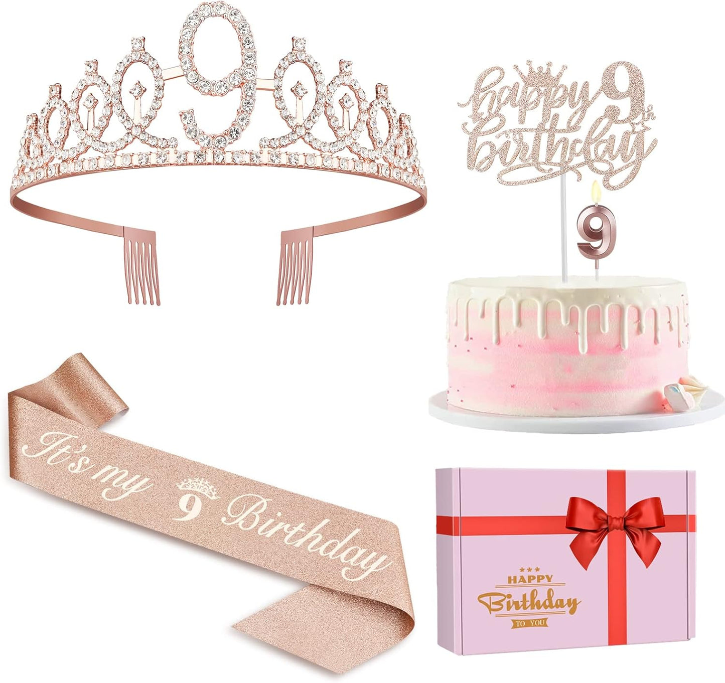9th Birthday Decorations for Girl Including Sash, Crown, Numeral Candle and Cake Topper, 9 Year Old Girls Party Favor Supplies