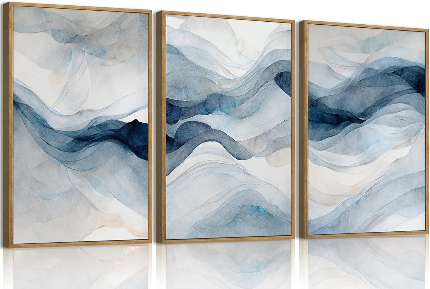 myusuar 3 Piece Large Abstract Framed Wall Art For Living Room, Smoke Texture Ink Navy Blue Canvas Wall Art Modern Minimalist Art Prints Wall Décor For Bedroom Office 16x24in