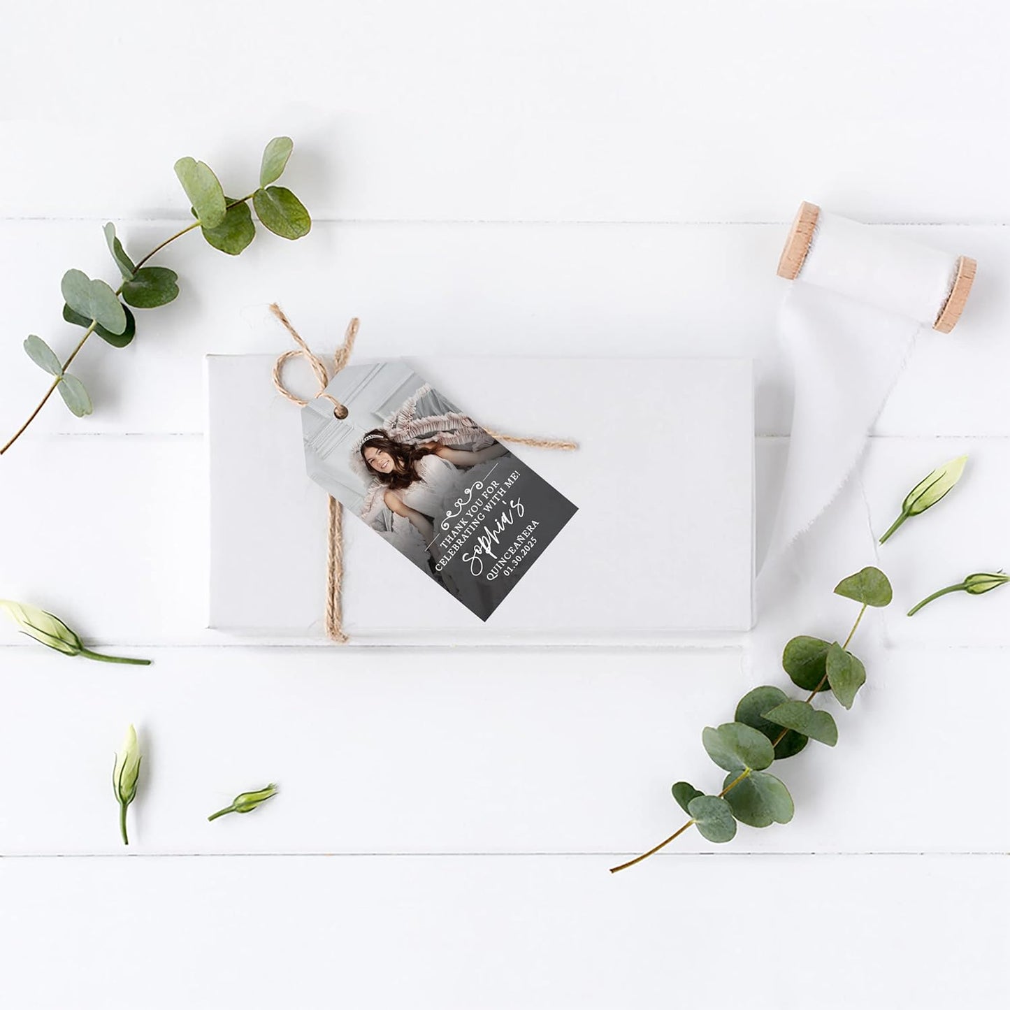 Andaz Press 40-Pack Personalized Quinceañera Favor Tags with String, Classic Thank You for Celebrating with Me Gift Tags with Custom Photo for Mis Quince Años, XV, 15th Birthday, Favor Gifts