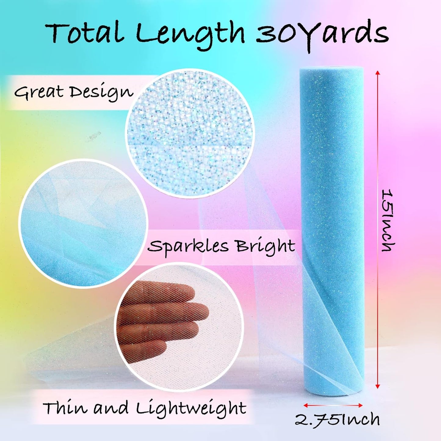 Sparkling Tulle Rolls, 15” by 30 Yards (90FT) Glitter Tulle Spool Ribbon Fabric for Wedding Birthday Bridal Shower Tutu Skirt Party Gift Wrapping (Light Blue)