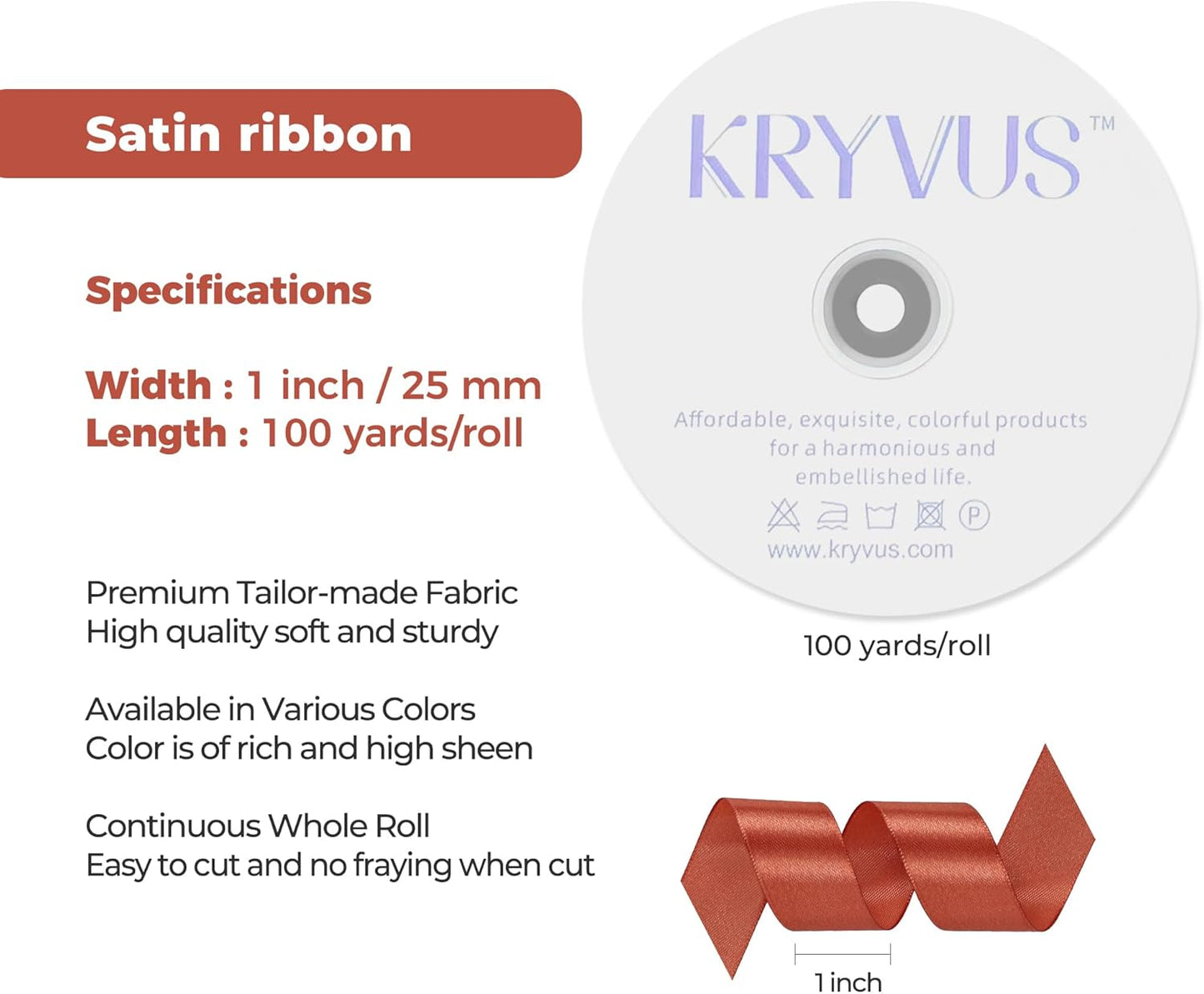 Copper Satin Ribbon 1 inch X Continuous 100 Yards, Single Face Polyester Ribbon Perfect for Gift Wrapping, Flower Bouquet, Wedding Decor, Crafts, Bow Making, Sewing and More