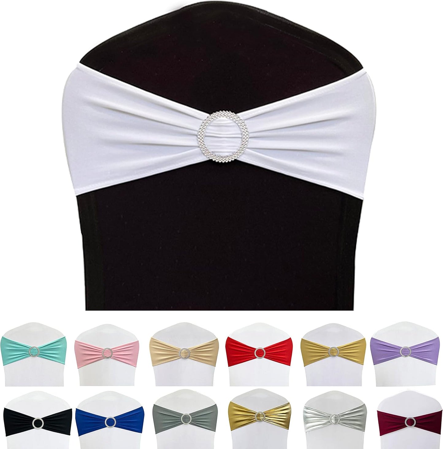 Spandex Chair Sashes Bands 50PCS Stretch Chair Ties Bows with Buckle Slider for Wedding Party Banquet Decoration (White)…