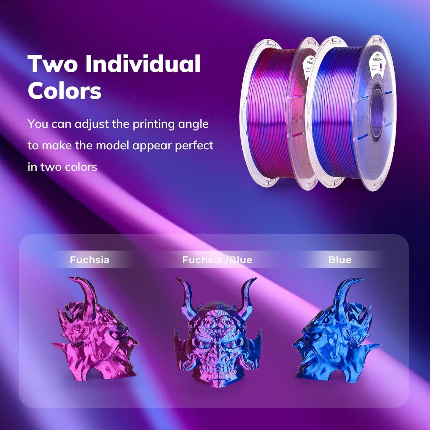 AMOLEN Silk PLA 3D Printer Filament, Shiny Dual Color PLA 1.75mm, Multicolor Change 3D Printing Filament for Most FDM 3D Printer, 1kg Spool(2.2lbs), Blue Fuchsia