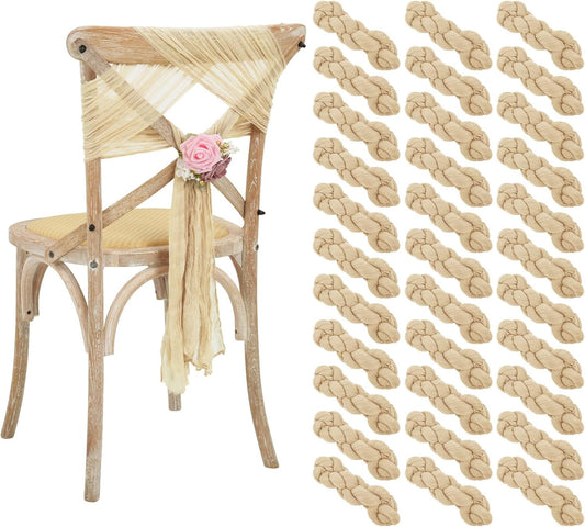 50 PCS Cheesecloth Chair Sashes Bows Wedding Aisle Decorations Chair Ribbon Ties Back Sash for Wedding Party Events Banquet Chair Cover Decoration (Beige)