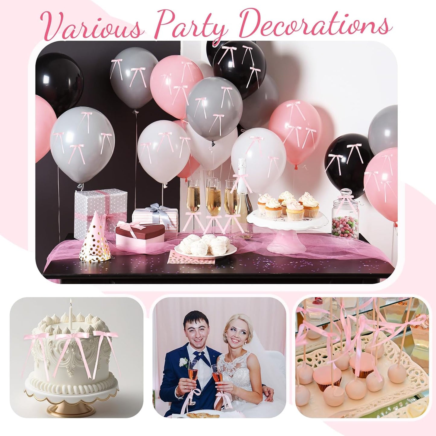 Riceshoot 50 Pcs Twist Tie Bows for Cake 3x4.5 Inch Satin Ribbon Bows for Gift Wrapping Treat Bags Craft DIY Wedding Baby Shower Birthday Party(Pink)