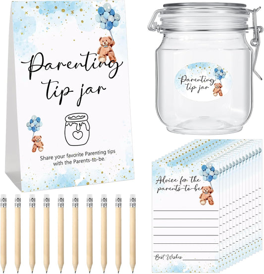 Roowest Baby Shower to Baby Advice Cards for New Parents to Be - Tip Jar Sign for New Parents 60 Parenting Advice Cards 10 HB Pencils 2 Cute Stickers 1 Pet Bottle for Guests Games(Blue Bear)