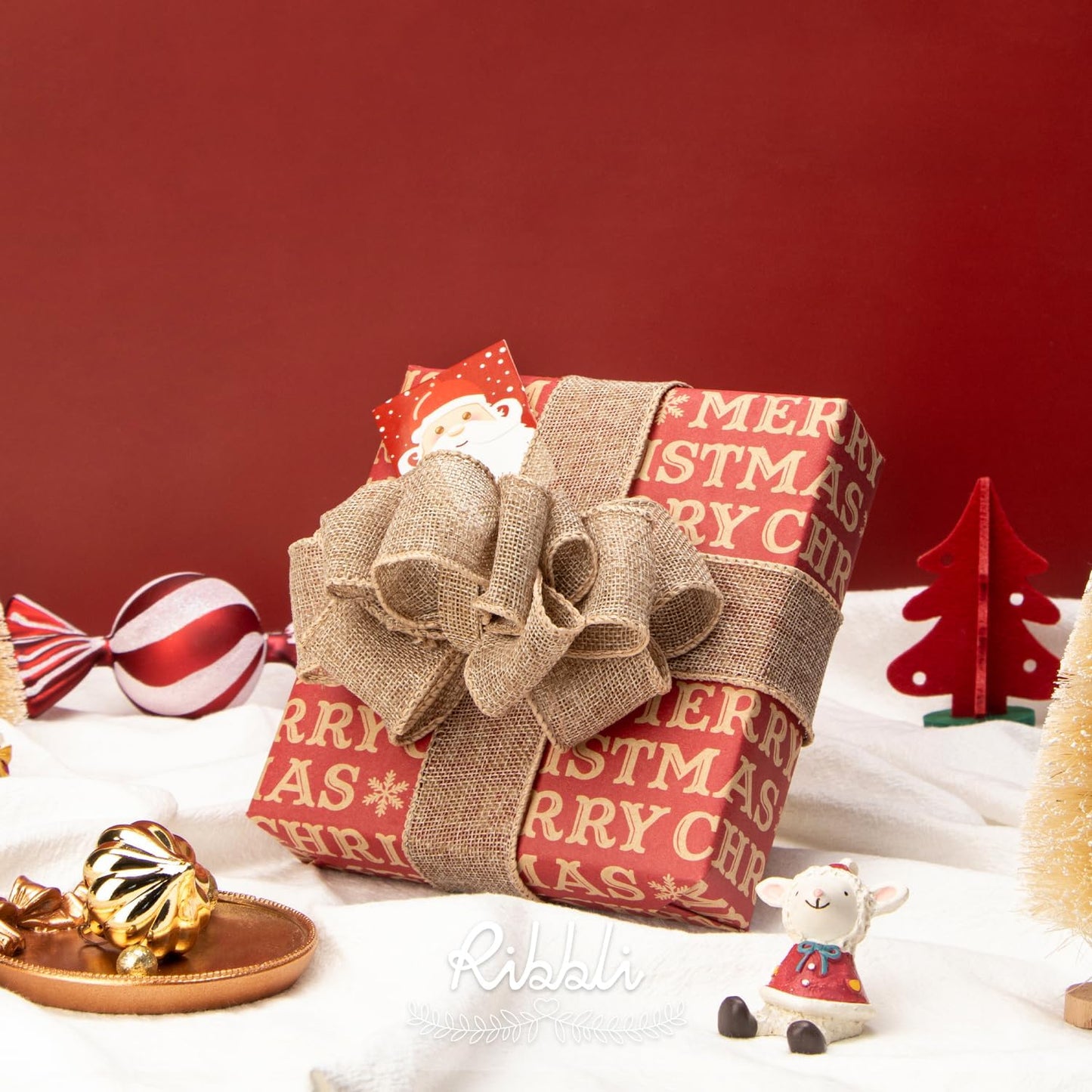 Ribbli Burlap Wired Edge Ribbon,1-1/2 Inch x 10 Yard,Natural,Solid for Big Bow,Wreath,Tree, Outdoor Decoration