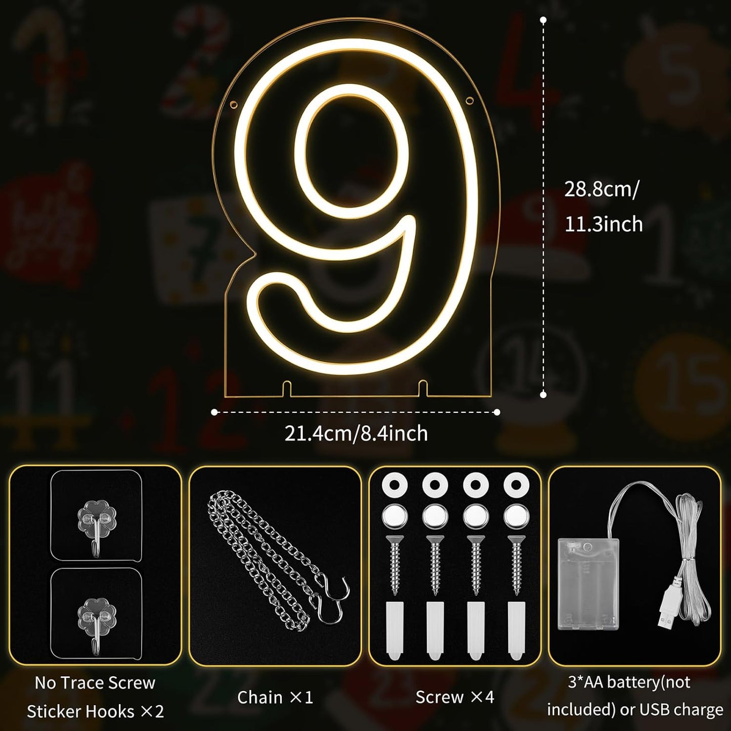 Number 9 LED Neon Sign Backdrop Birthday Party Decoration, 11.3" Height Warm White Marquee Numbers Nine Light Up Sign for Wedding Anniversary Window Wall Table, Indoor Battery Operated or USB
