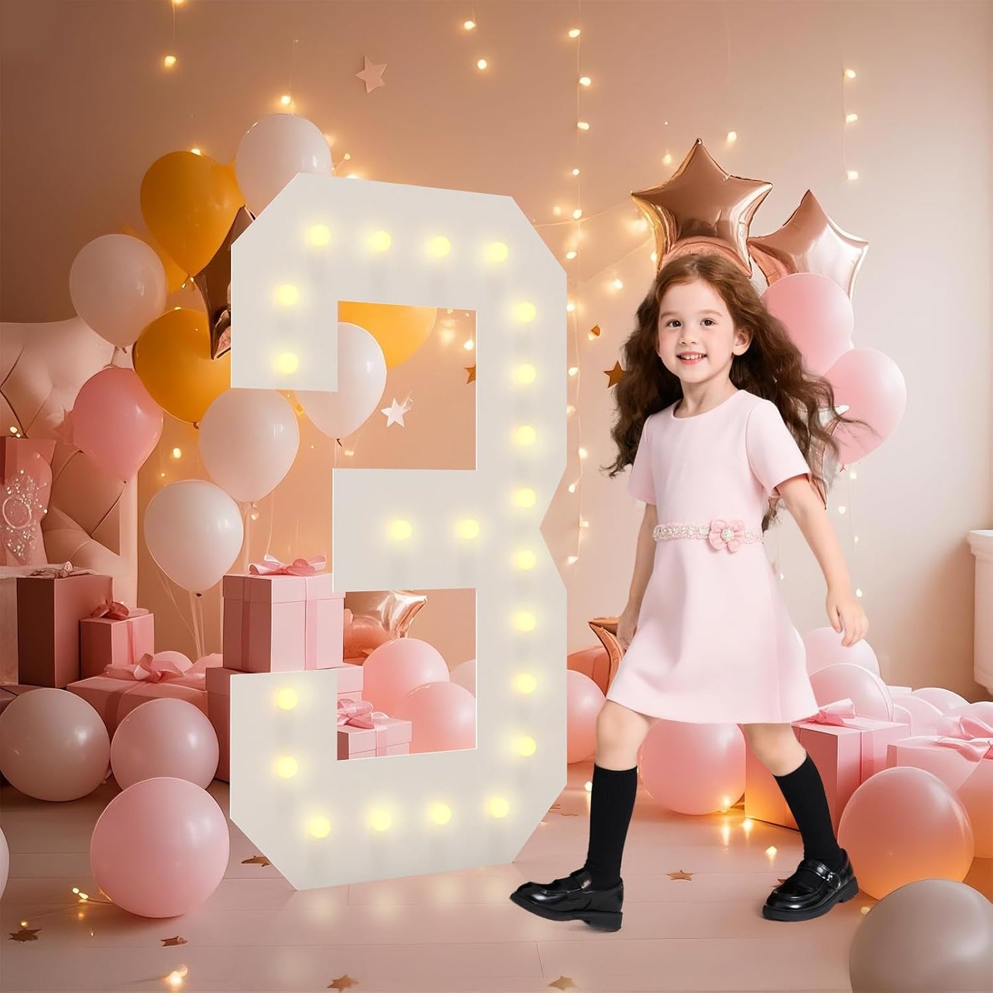 LOBOOM 4FT Light Up Numbers, Marquee Numbers 4 Feet Tall Giant Number 3 Mosaic Big Number Sign for 3rd 30th 39th Birthday Party Backdrop Anniversary Decorations, Pre-Cut Large Frame 3