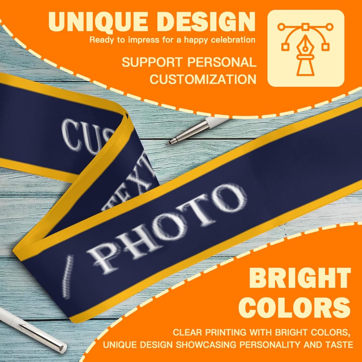 Custom Sash,Personalized Birthday Sash with Text Photo,Customized Bachelorette Sash Quote Sash Bride to Be Sash Color Optional (With decorative edge, Dark Blue)