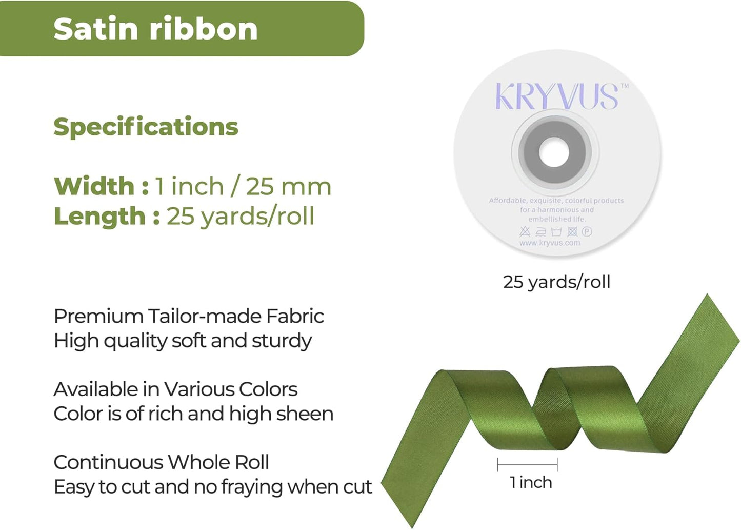Olive Green Satin Ribbon 1 inch X Continuous 25 Yards, Single Face Polyester Ribbon Perfect for Gift Wrapping, Flower Bouquet, Wedding Decor, Crafts, Bow Making, Sewing and More