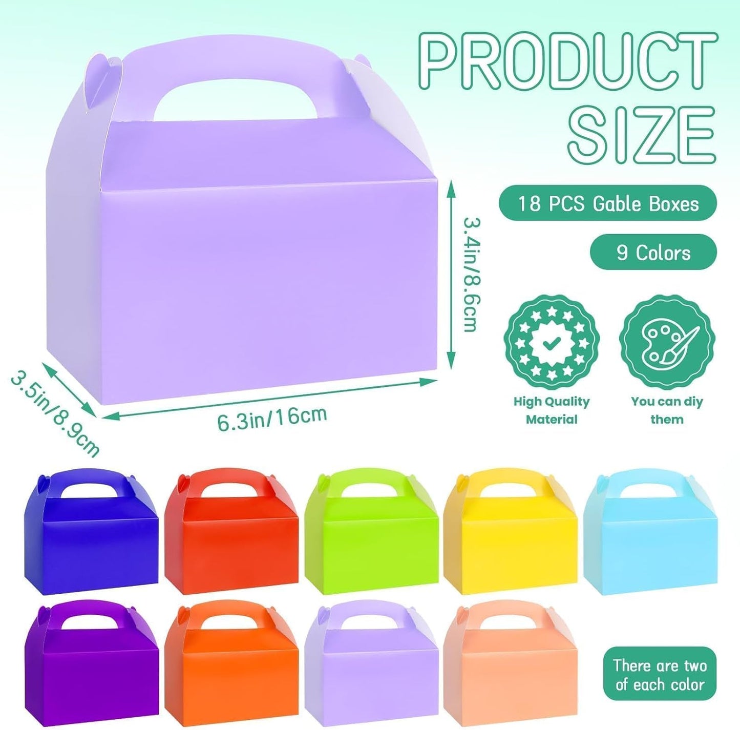 Rcybeo 18 PCS Gable Treat Boxes for Party, 9 Colors Candy Boxes for Kids Birthday, Snack Goodie Treat Bags for Wedding Favors, Baby Shower, 6.3 x 3.5 x 3.5 In
