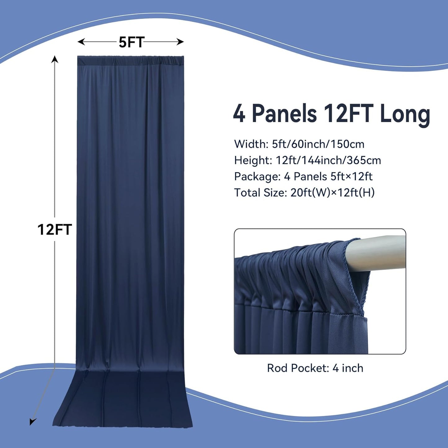 20×12ft Navy Blue Wrinkle Free Backdrop Curtain for Wedding Parties, 4 Panels 5×12ft Long Soft Silky Polyester Backdrop Drapes Photo Back Drop Curtains for Birthday Photography Background Cloth