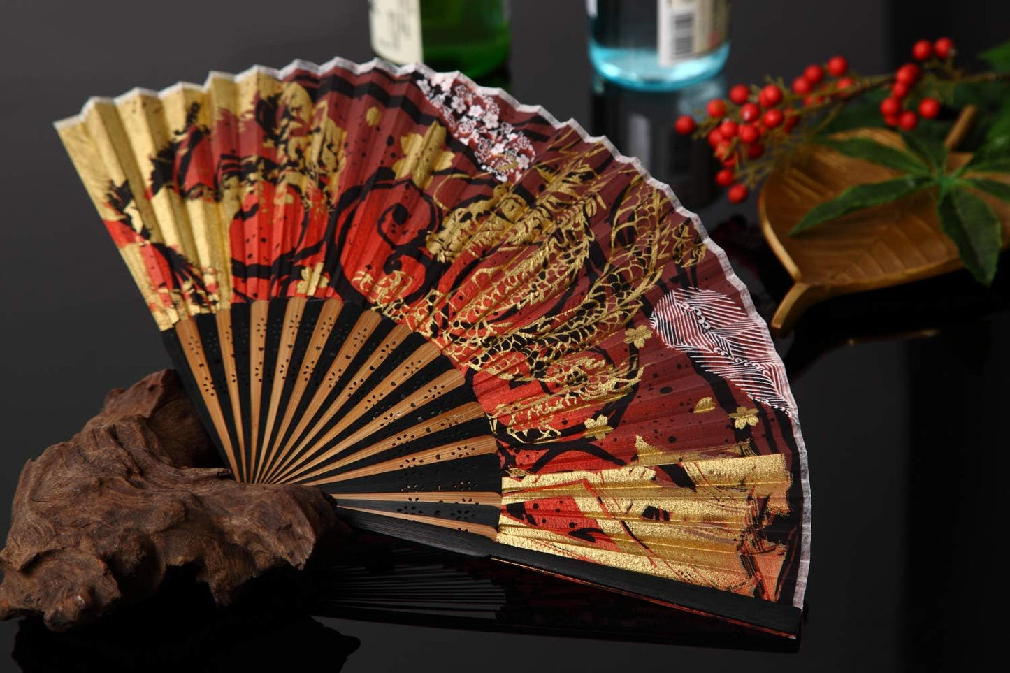 Terra Distribution Folding Fan [Japan Import] Hand Fans for Women Foldable, Japanese Fan, Unique Design, Handmade Bamboo, Silk Fan, 8.6" (22cm), Abanicos de Mano (320 (Tiger, Dragon, Castle))