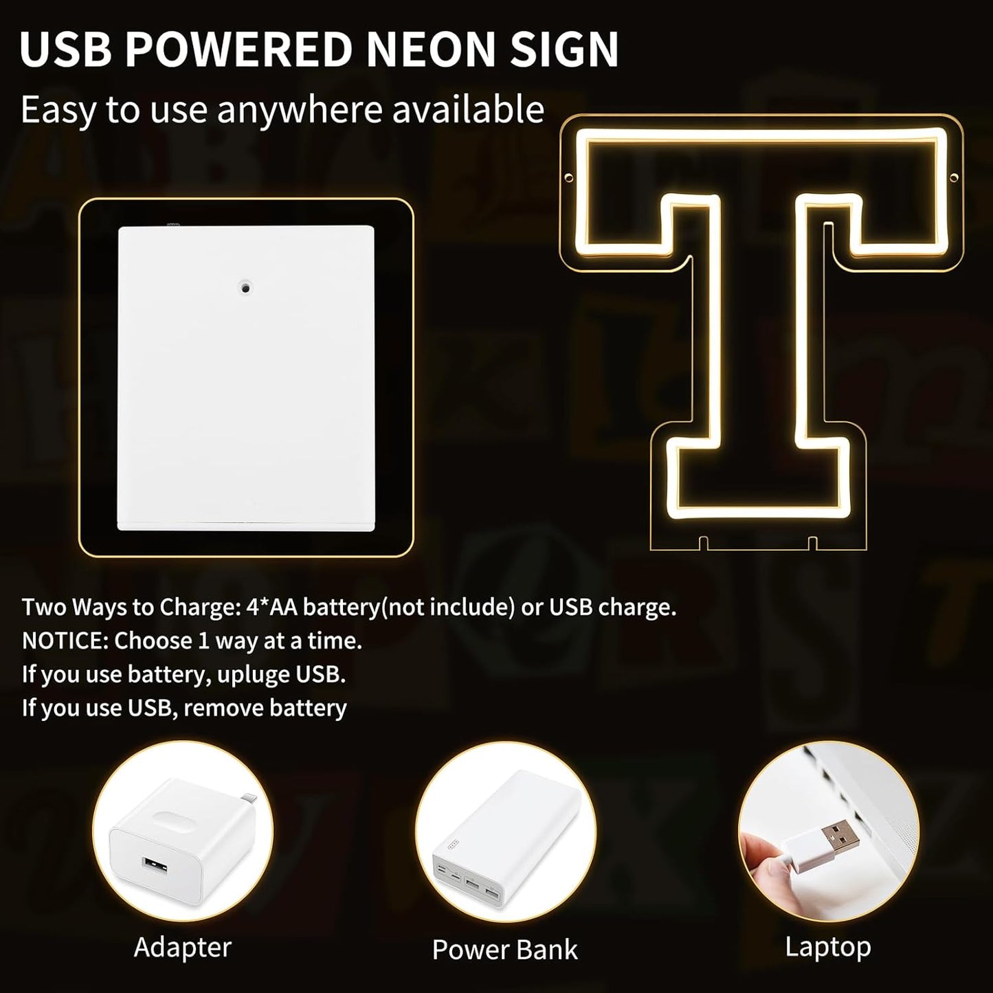 Light Up Letters T, Led Marquee Letter Lights Neon Sign, 13.9" Height Decorative Lighted Alphabet Number, Battery/USB Powered Led Letters Lights for Wedding, Birthday, Party, Christmas or Home Decor