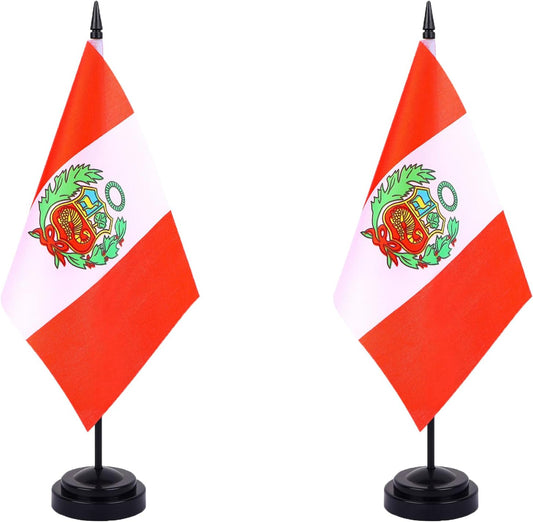 Peru Desk Flag 12" Solid Pole Deluxe Set Peruvian Flags Banner Mini Small Peru Office Table Flags with Black Stand Base Desktop Decorations(2Pack)