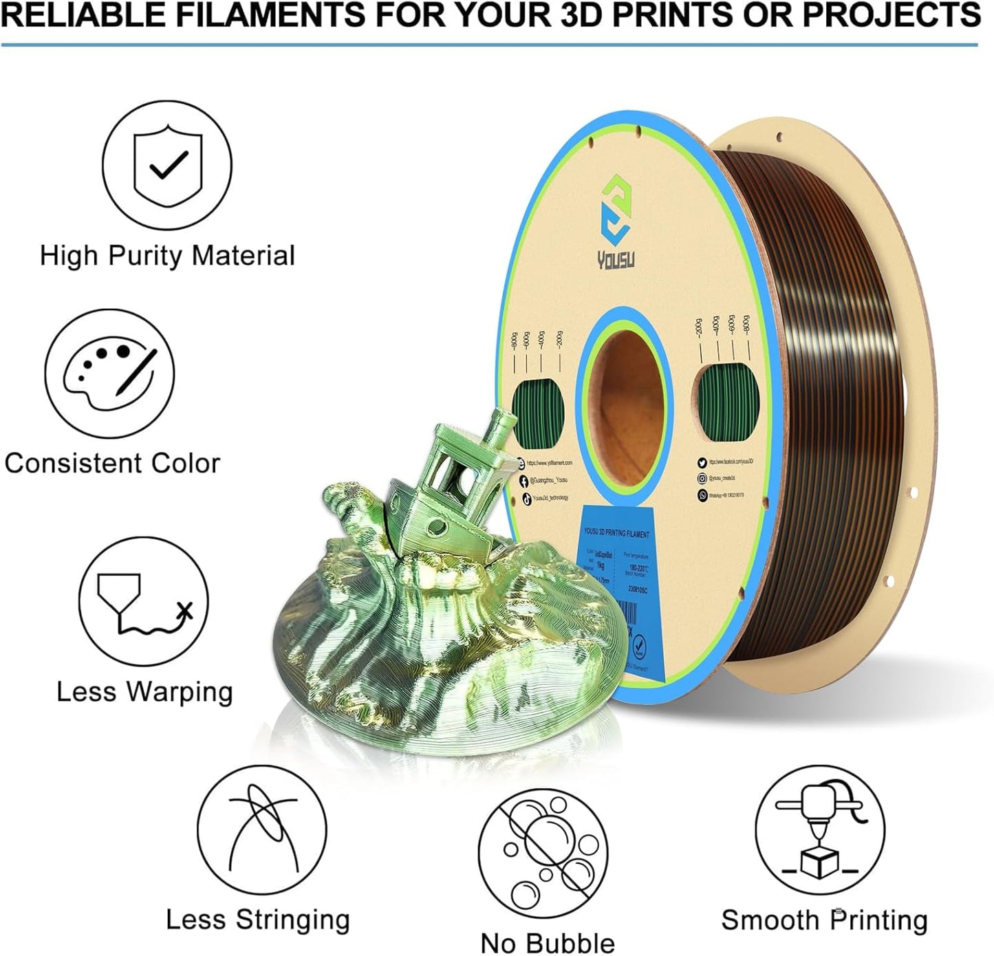 YOUSU Silk PLA 3D Printer Filament, Tri-Color Coextrusion PLA Filament 1.75mm,Shiny Silk Coextruded PLA,Silk Gold-Green-Black Three-Color Filament,1kg/2.2lbs