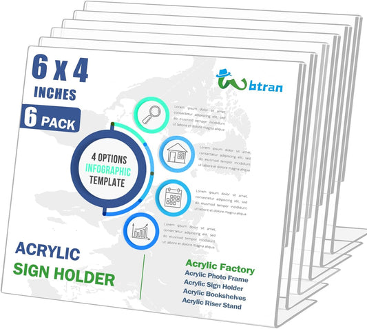 Slanted Back Acrylic Sign Holder 6 x 4, Acrylic Stands for Display Frame, Clear Plastic Tabletop Paper Sign Holder for Office, Home, Restaurant (6 Pack 6x4 Inches)