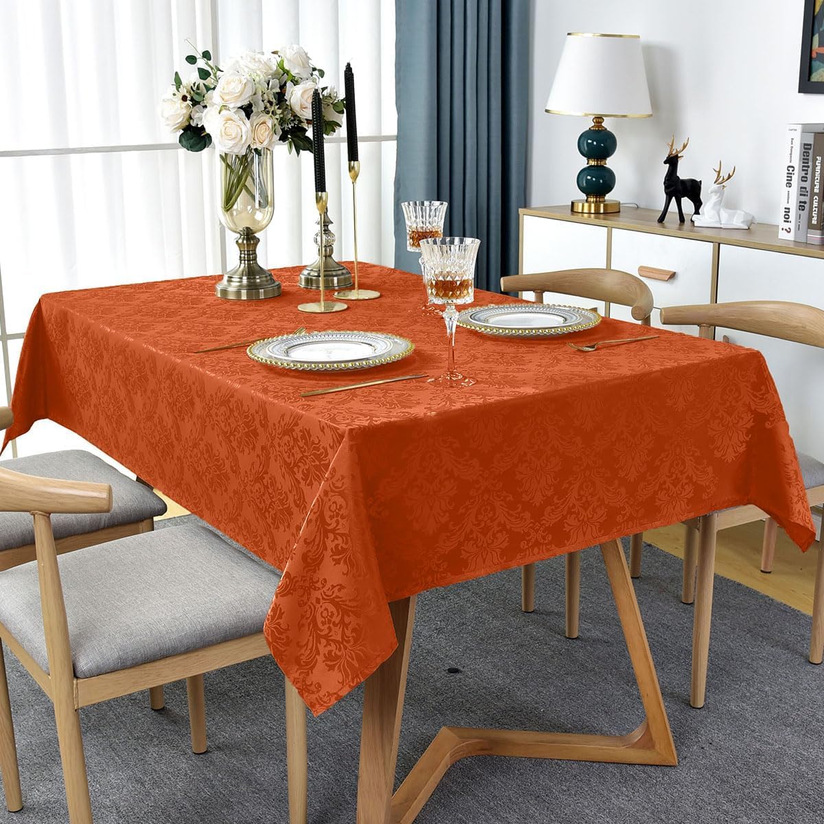 Jacquard Tablecloth Rectangle 60 x 102 Inch, Spill Proof Washable Damask Autumn Table Cloth, Polyester Table Cover for Fall, Harvest, Thanksgiving, Holiday, Rusty/Orange