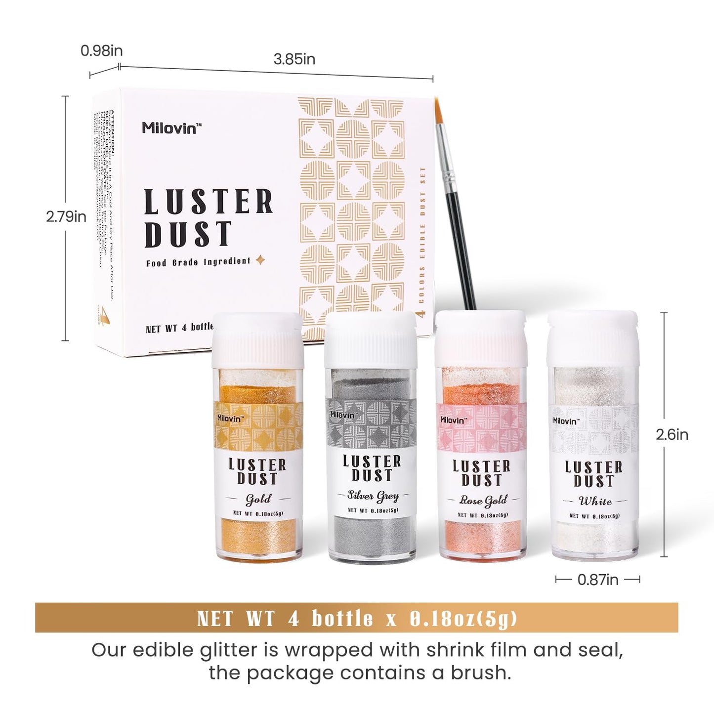 Edible Glitter for Cocktails, Luster Dust Edible, 4 Colors 5g/bottle Edible Glitter for Baking, Drinks, Cake Decorating, Cupcakes, Chocolate, Strawberries, and Waffles(Gold, Rose Gold, White, Silver)