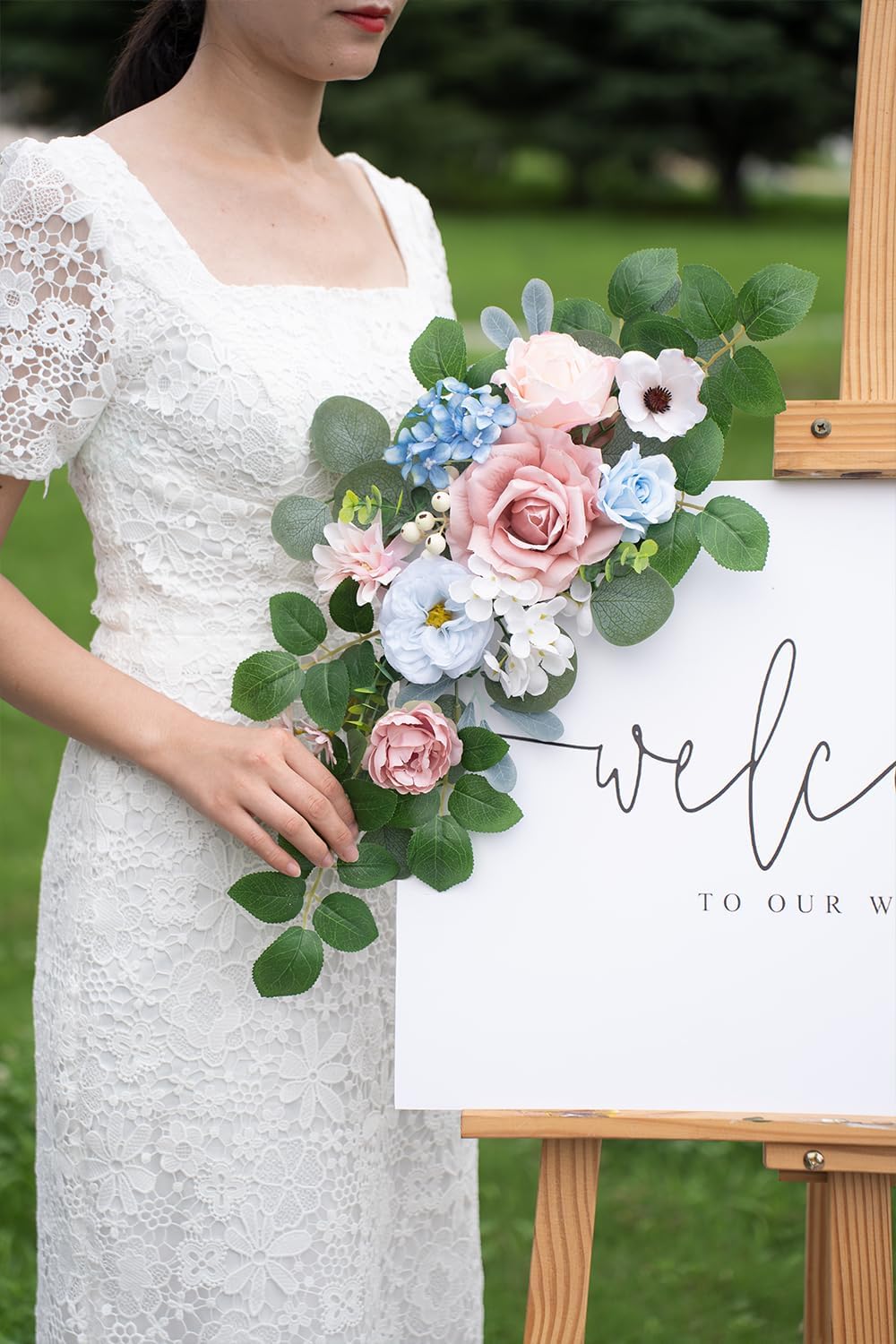 WEIERYUE(Pack of 2 Artificial Flowers Decorations,Artificial Arch Backdrop Garlandfor Ceremony Party Reception Entrance Welcome Easel Door Floral Decor Wall Home Entryway Outdoor (Soft Blue Powder)