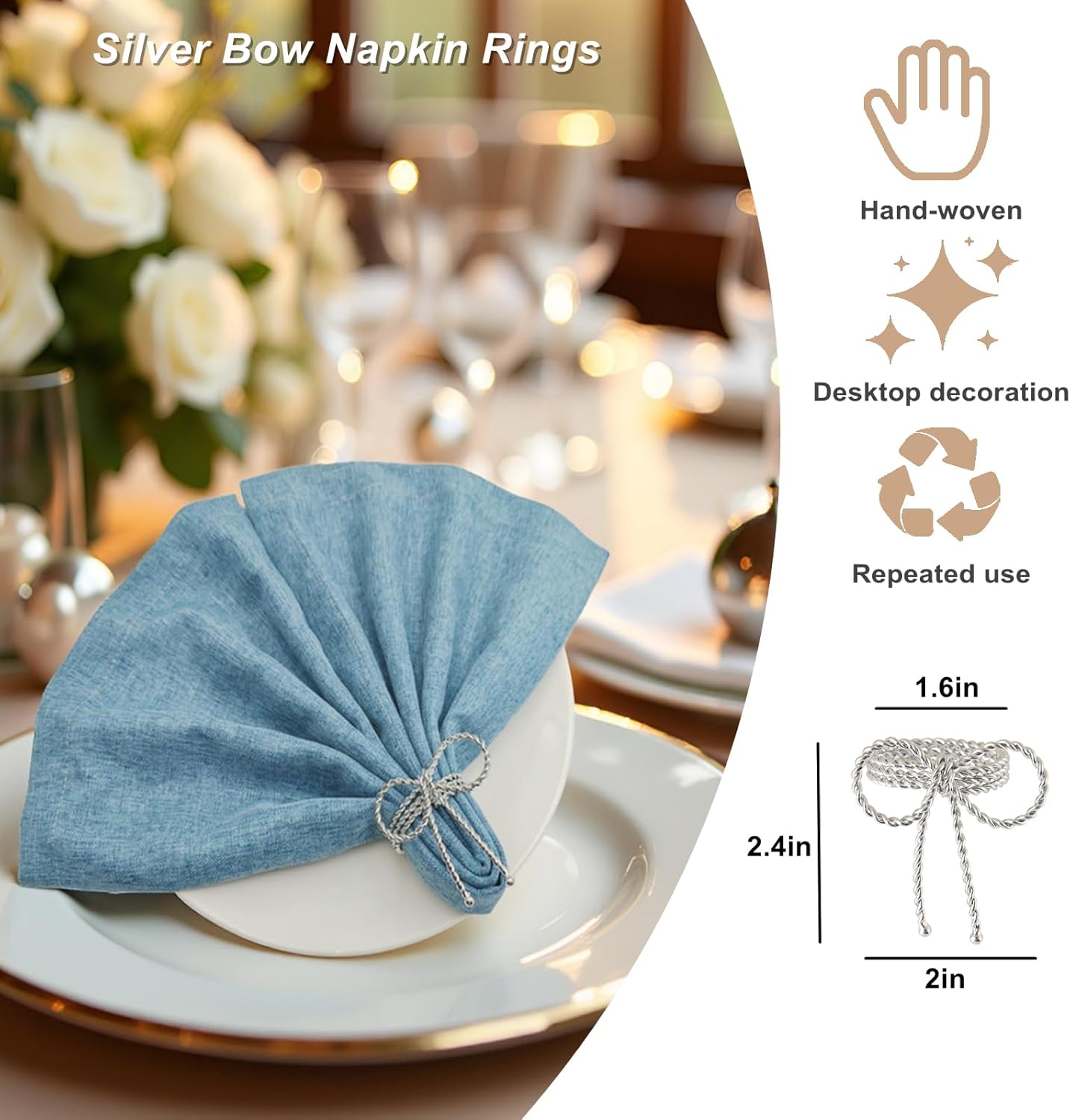 Silver Bow Napkin Rings Set of 12, Bow Tie Napkins Rings for Thanksgiving Christmas Festival Parties Wedding Banquet, Handmade Alloy Bowknot Ring Holders for Family Gathering Table Décor(Silver 12)