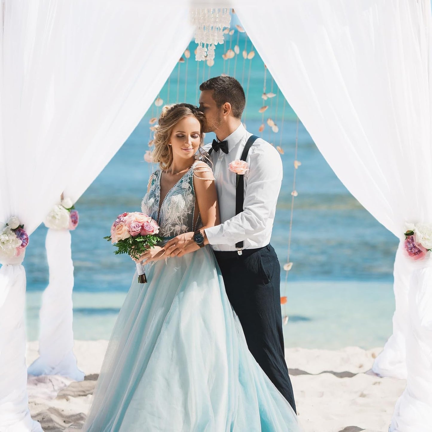 VOK White Wedding Arch Draping Fabric Chiffon Fabric, 29in x 18Ft 2 Panels Sheer Chiffon Outdoor Curtain for Wedding Ceremony Birthday Party Decoration (White,2 Panel)