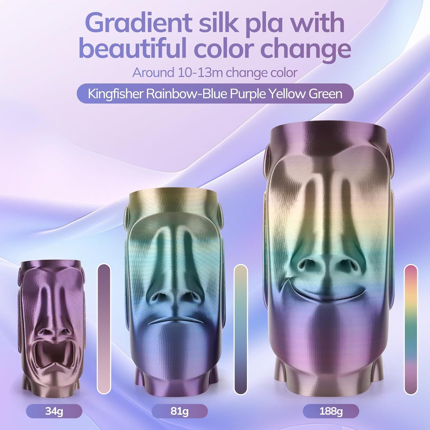 AMOLEN Silk PLA 3D Printer Filament, Shiny Multicolor Kingfisher Rainbow PLA Filament 1.75mm, Gradient Color Change PLA 3D Printing Filament for Most FDM 3D Printer, Blue Purple Yellow, 1kg (2.2lbs)