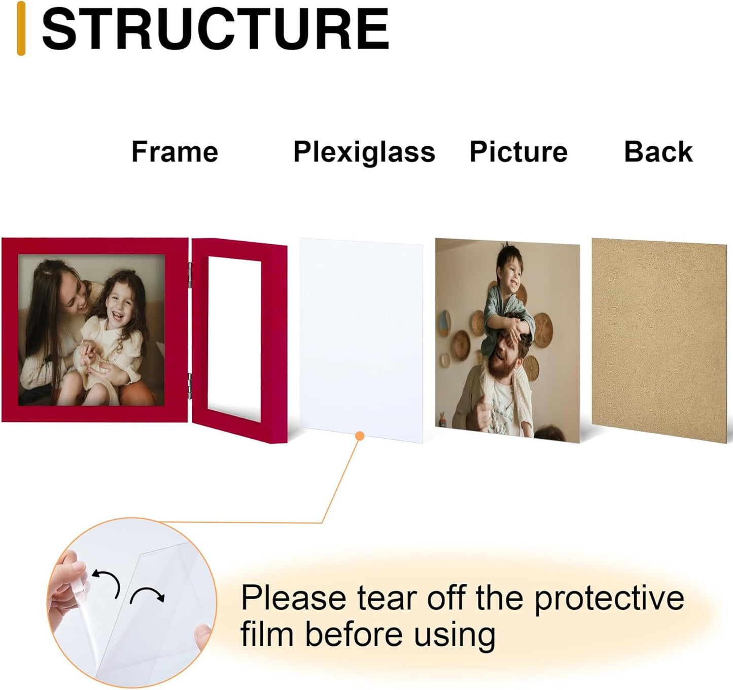 decorUhome Double 6x4 Picture Frame Horizontal, Engineered Wood Bifold Photo Frame with Plexiglass for Tabletop Display, 6x4, Red