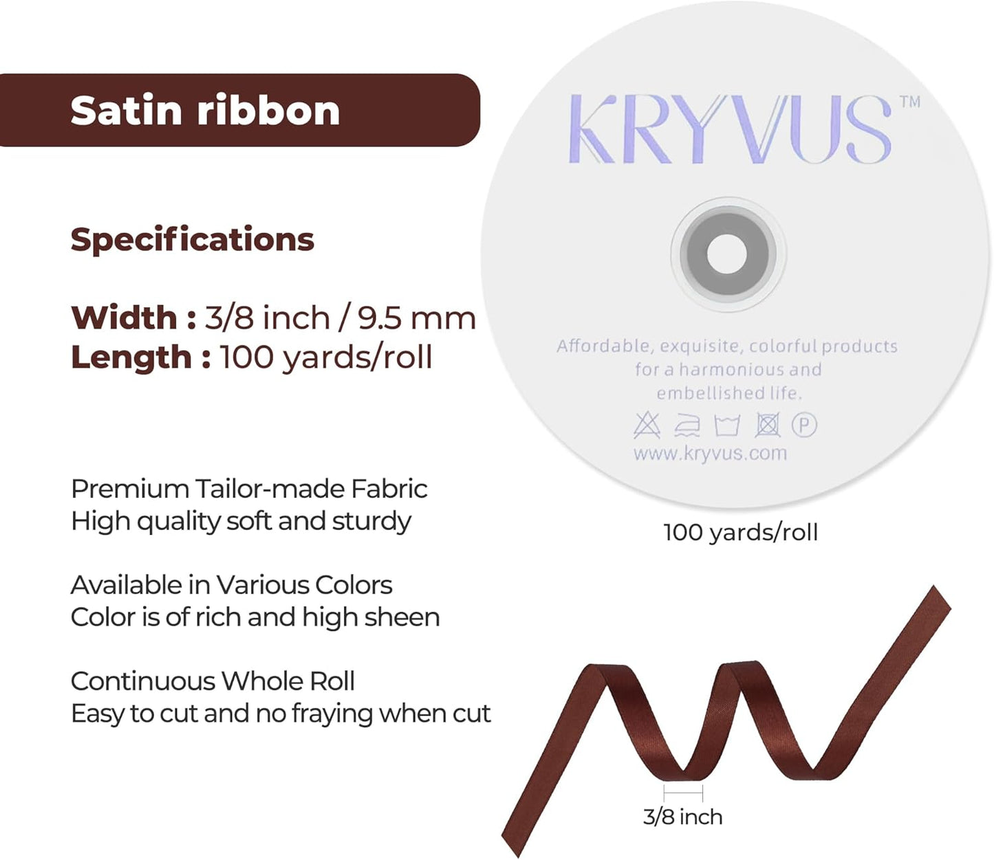 Coffee Brown Satin Ribbon 3/8 inch X Continuous 100 Yards, Single Face Polyester Ribbon Perfect for Gift Wrapping, Flower Bouquet, Wedding Decor, Crafts, Bow Making, Sewing and More