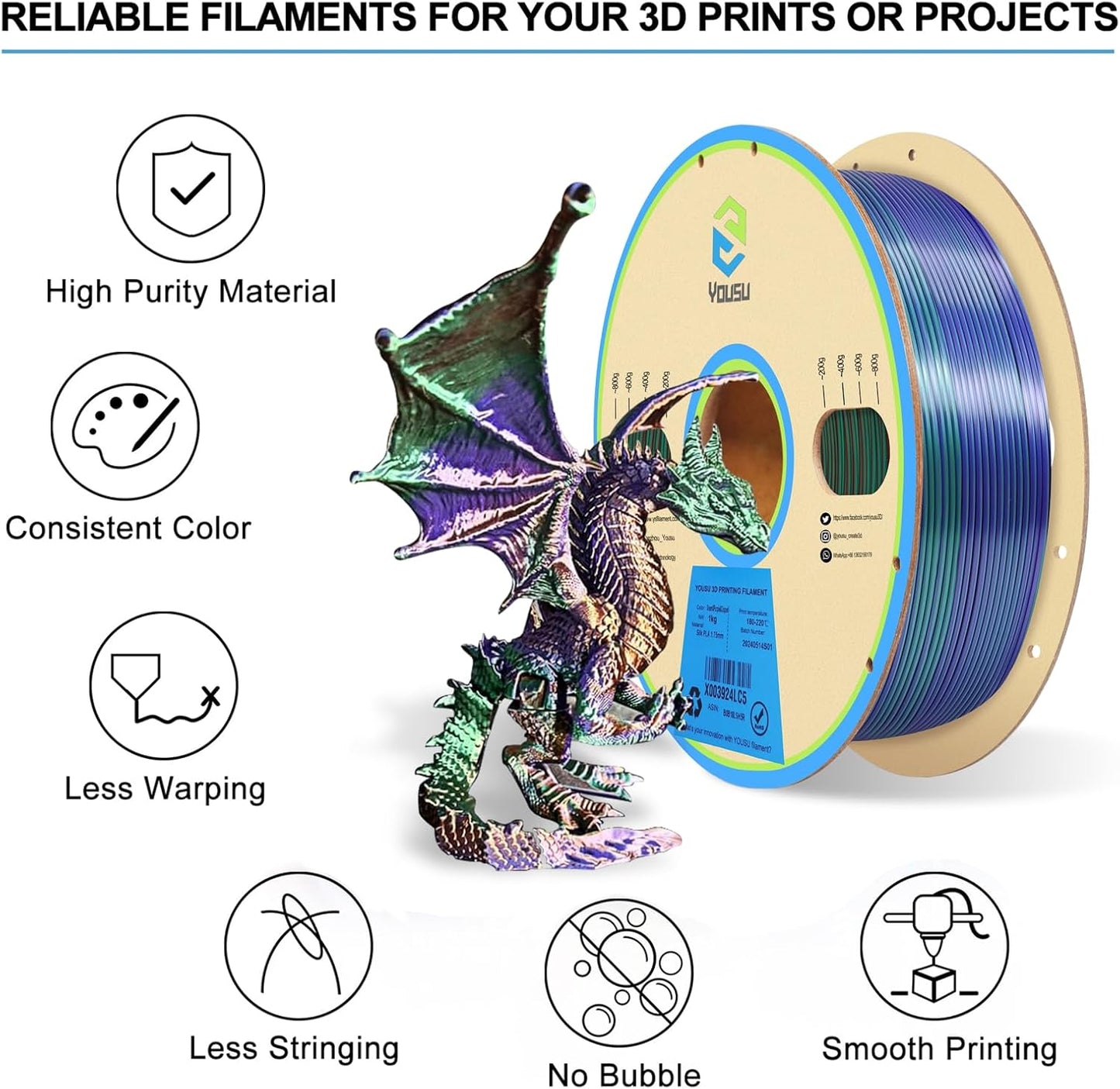 YOUSU 3D Printer Filament 1.75mm,Tri-Colors PLA Filament,Shiny Silk Coextruded PLA, Silk Green Purple Copper Filament, 1kg/2.2lbs